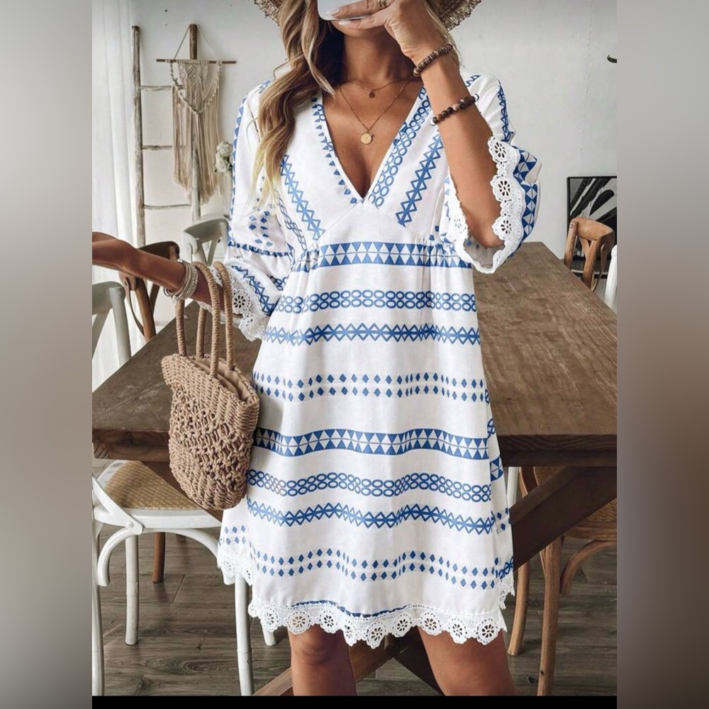 White V-Neck Tunic Dress with Blue Geometric Print